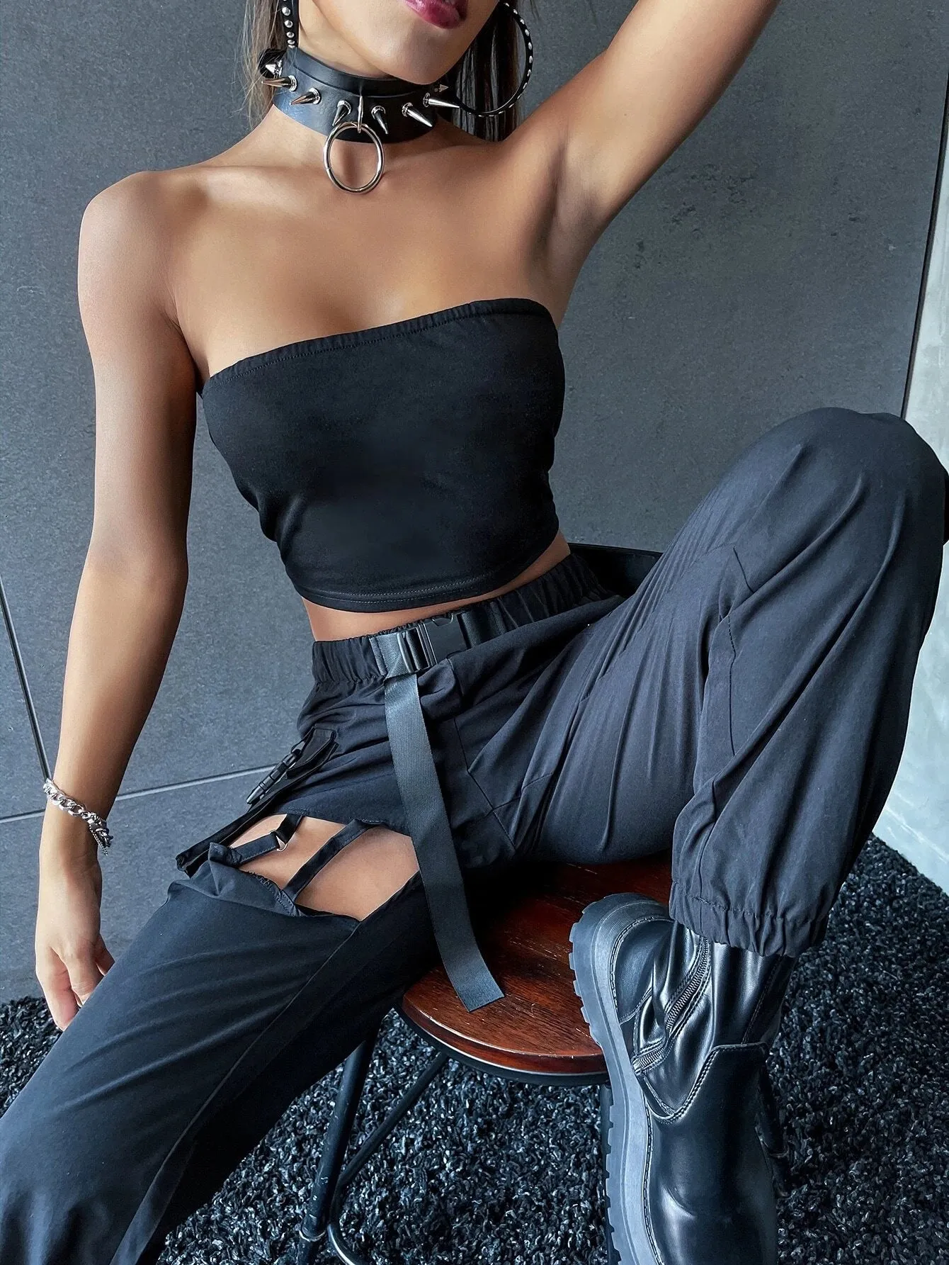 Flap Pocket Cut Out Buckled Cargo Pants